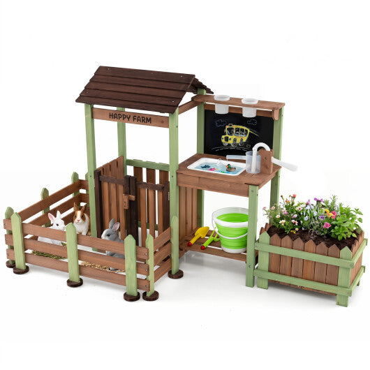Fir Wood Mud Farm Playset with Planter Box Lockable Yard and Faucet for 3+ Kids