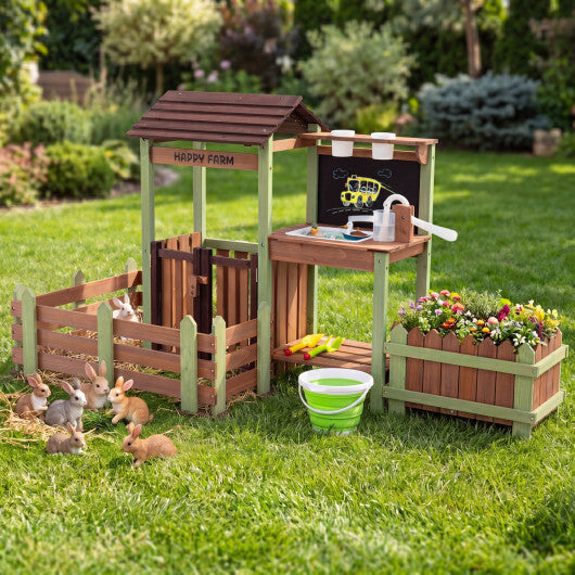 Fir Wood Mud Farm Playset with Planter Box Lockable Yard and Faucet for 3+ Kids