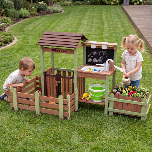 Fir Wood Mud Farm Playset with Planter Box Lockable Yard and Faucet for 3+ Kids