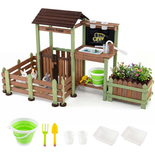 Fir Wood Mud Farm Playset with Planter Box Lockable Yard and Faucet for 3+ Kids