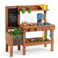 Kids Mud Kitchen with Planter Box and Sink and 13 Accessories for Ages 3+-Natural
