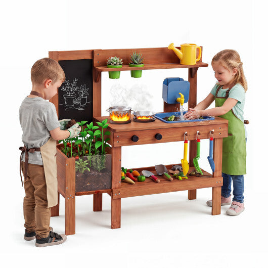 Kids Mud Kitchen with Planter Box and Sink and 13 Accessories for Ages 3+-Natural