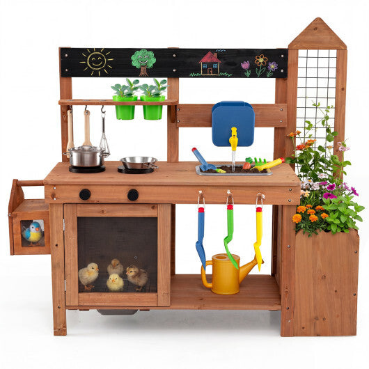 Outdoor Wooden Mud Kitchen with Planter Box and Sink for Toddlers-Natural