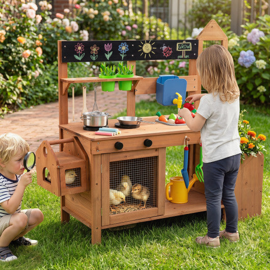 Outdoor Wooden Mud Kitchen with Planter Box and Sink for Toddlers-Natural