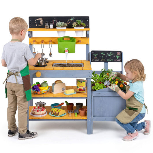 Mud Kitchen Set for Kids with Running Water Reservoir and Plant Pots for 3+-Yellow