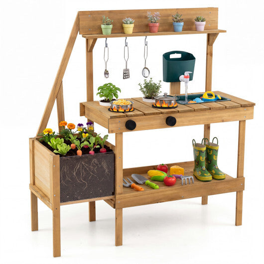 Kids Mud Kitchen Wooden Play Kitchen with Planter Box-Natural