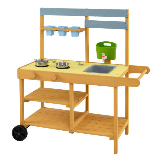 Wooden Outdoor Mud Kitchen for Kids with Flowerpots and Wheels-Yellow