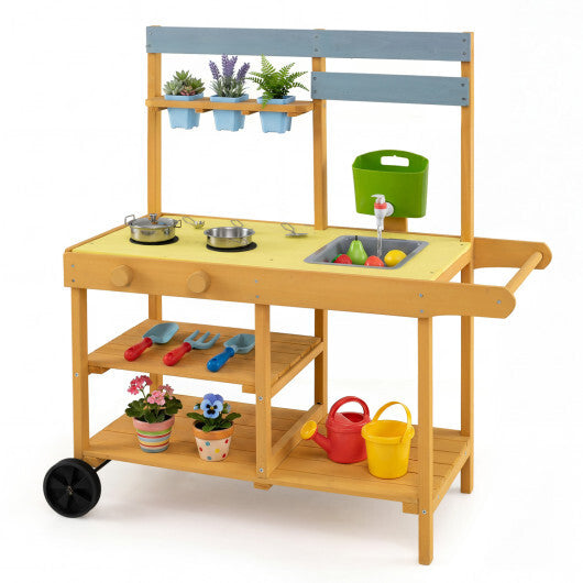 Wooden Outdoor Mud Kitchen for Kids with Flowerpots and Wheels-Yellow