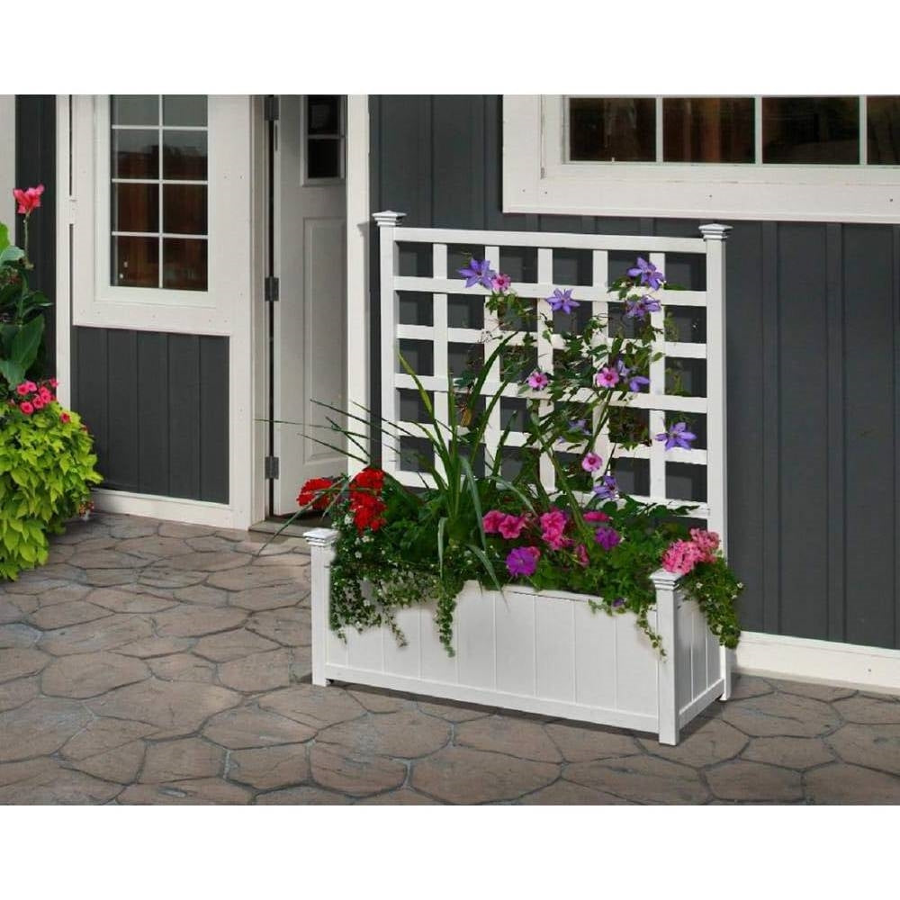 Outdoor White Vinyl Garden Planter Box with Trellis