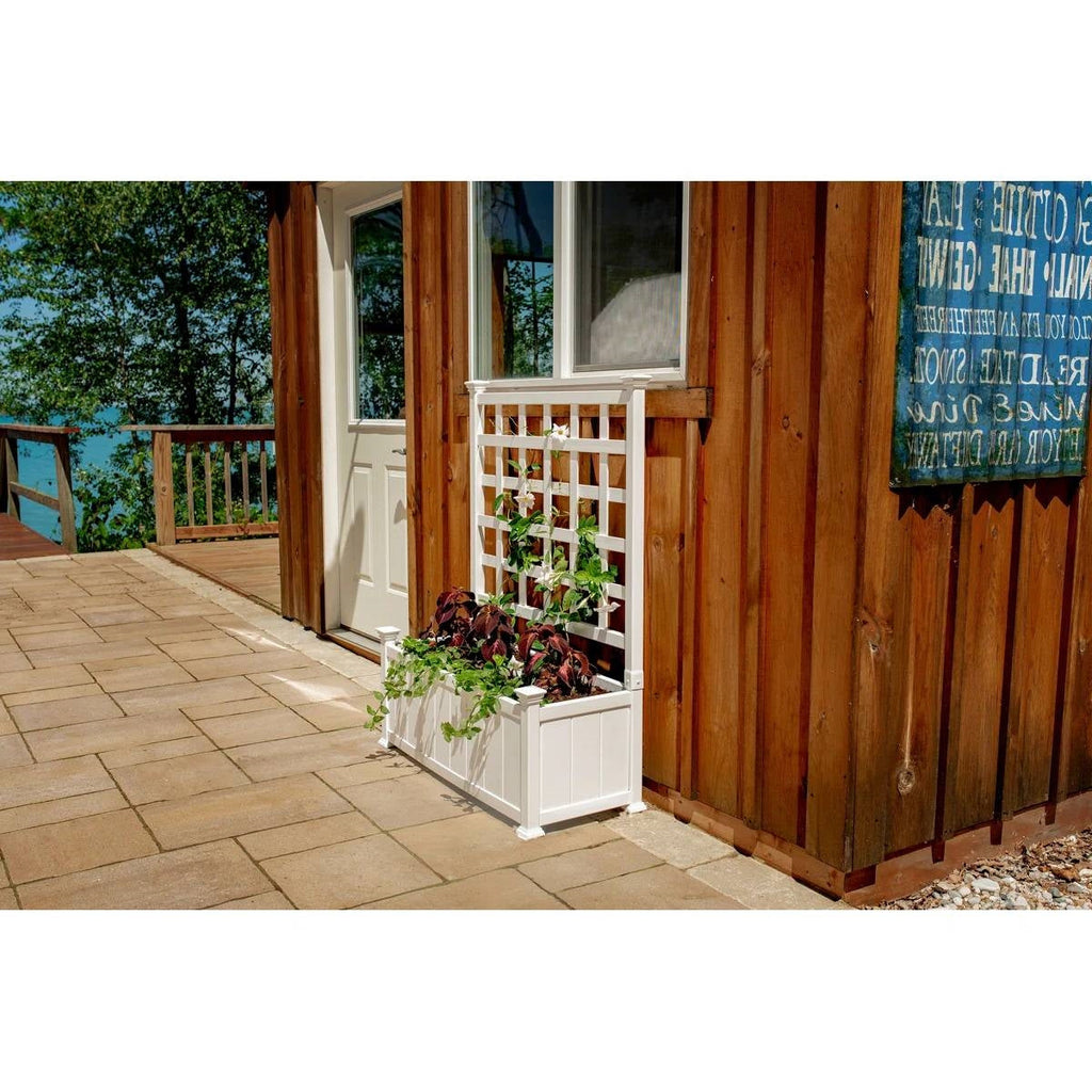 Outdoor White Vinyl Garden Planter Box with Trellis