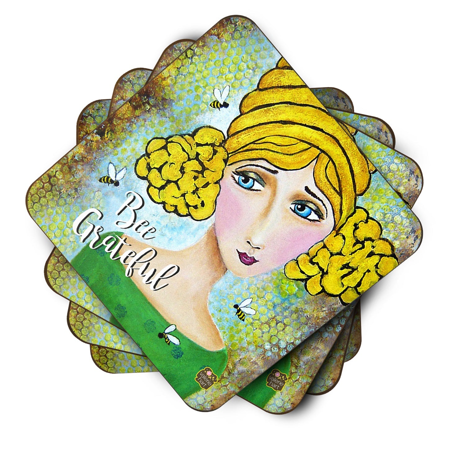 Bee Grateful Girl with Beehive Coasters - Set of 4 Lightweight Foam, Absorbent Drink Coasters VHA3008FC