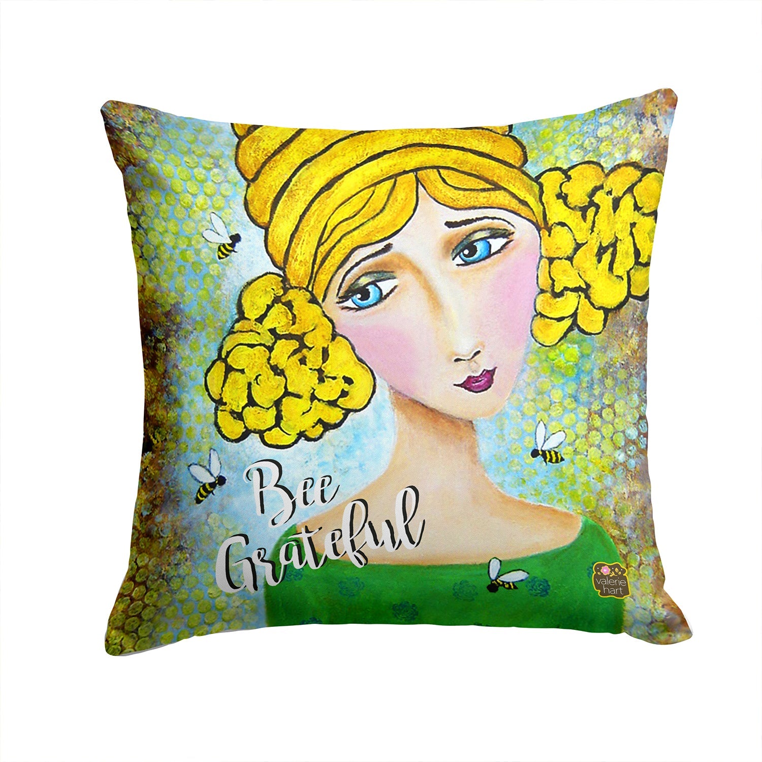 Bee Grateful Girl with Beehive Throw Pillow - 14x14 Decorative Pillow – Art for Your Home & Patio VHA3008PW1414