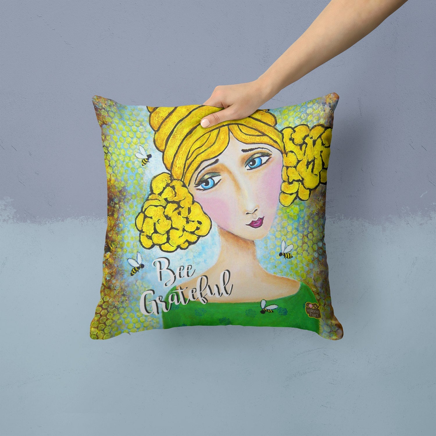 Bee Grateful Girl with Beehive Throw Pillow - 14x14 Decorative Pillow – Art for Your Home & Patio VHA3008PW1414