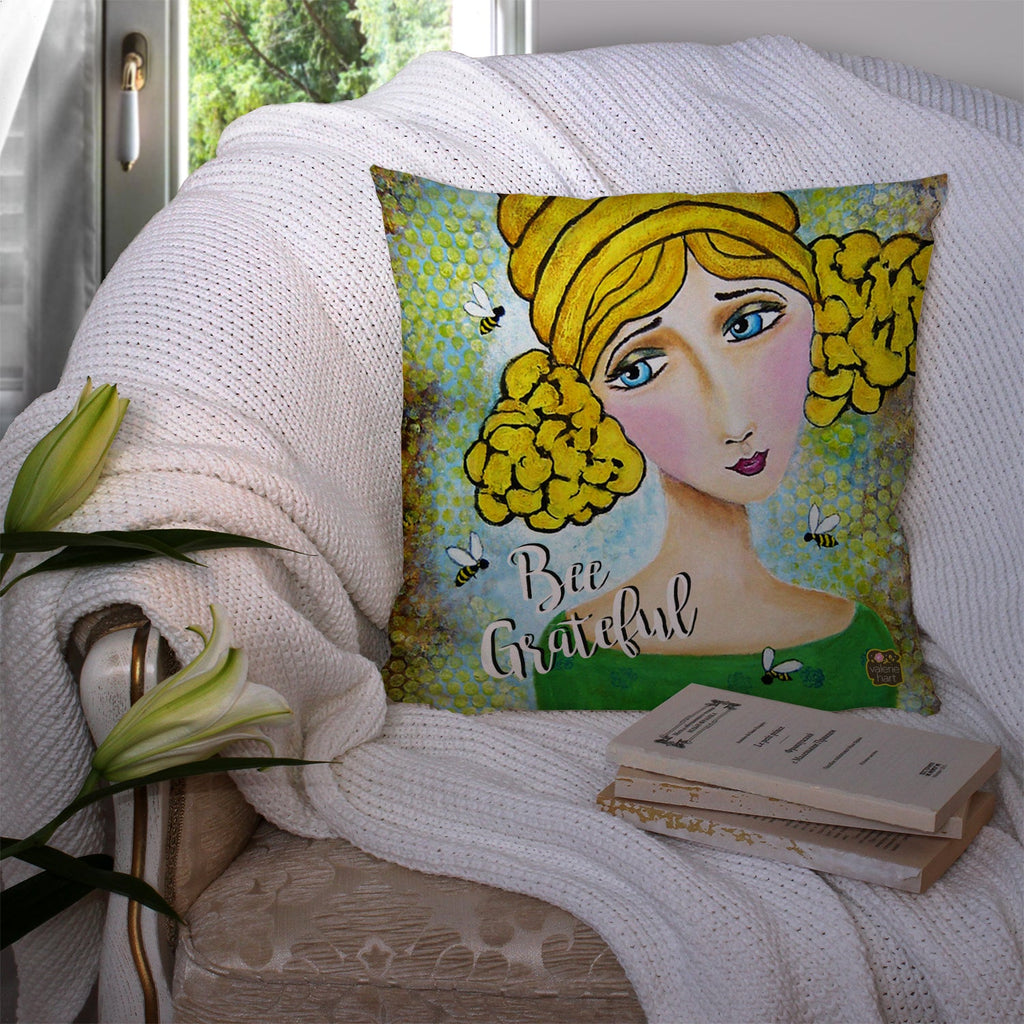 Bee Grateful Girl with Beehive Throw Pillow - 14x14 Decorative Pillow – Art for Your Home & Patio VHA3008PW1414