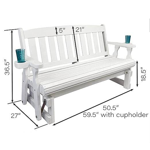 4ft Heavy Duty Amish Porch Glider Bench in White with Cupholders - Made in USA