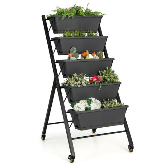 Costway 1 PCS 5-Tier Vertical Raised Garden Bed Elevated Planter with Wheels & Container Boxes Gray