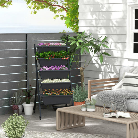 Costway 1 PCS 5-Tier Vertical Raised Garden Bed Elevated Planter with Wheels & Container Boxes Gray