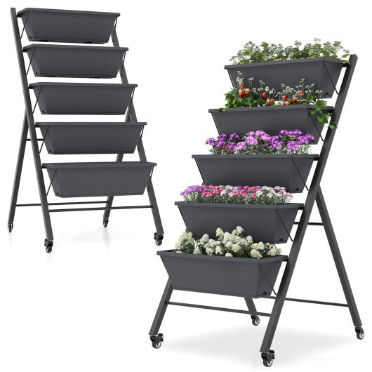 Costway 1 PCS 5-Tier Vertical Raised Garden Bed Elevated Planter with Wheels & Container Boxes Gray