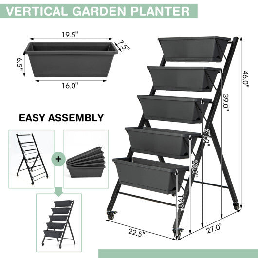 Costway 1 PCS 5-Tier Vertical Raised Garden Bed Elevated Planter with Wheels & Container Boxes Gray