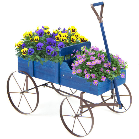 Blue Wooden Wagon Planter Bed with Metal Wheels for Garden Yard Patio
