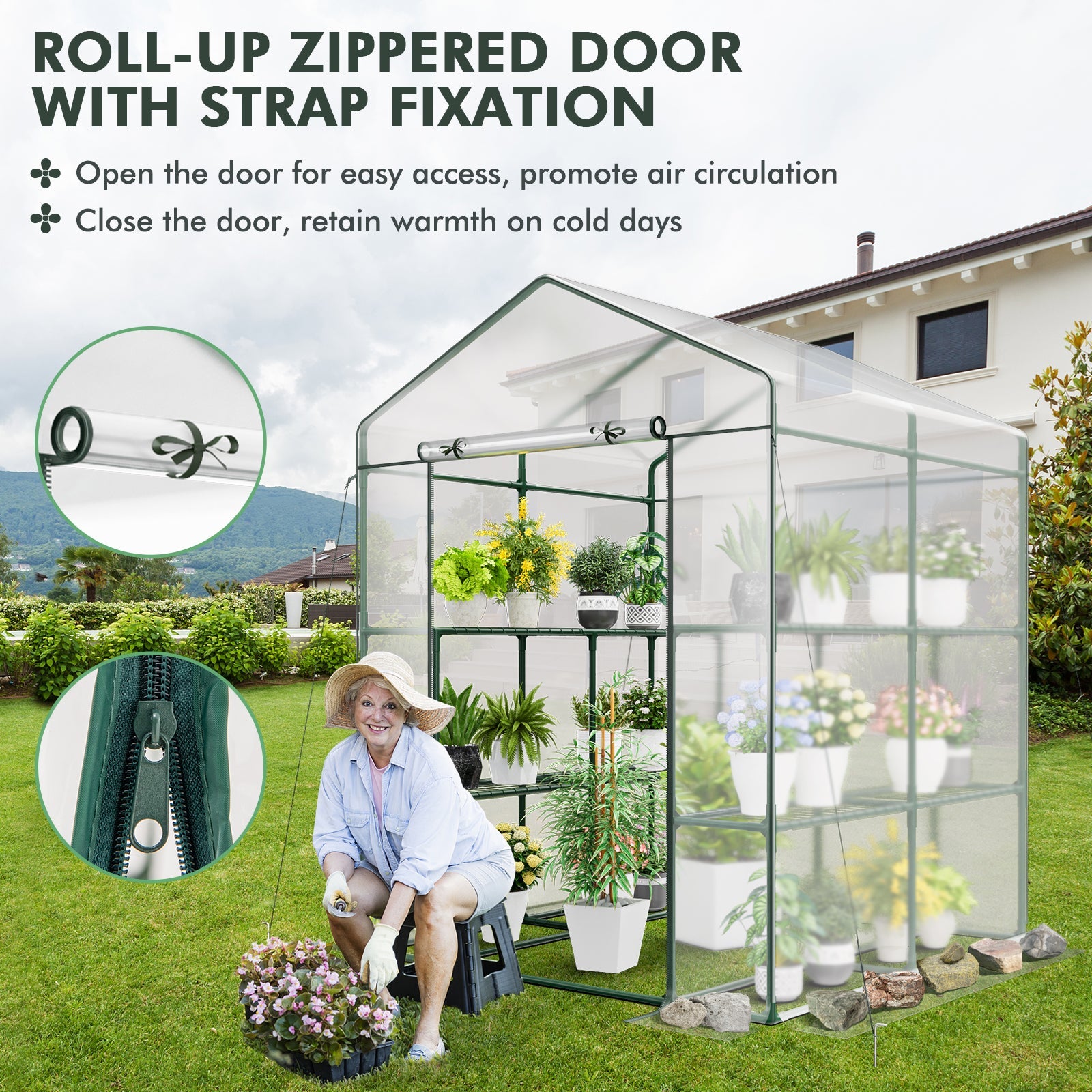 Walk-in Greenhouse with 3 Tiers 8 Shelves PVC Cover Roll-up Zippered Door