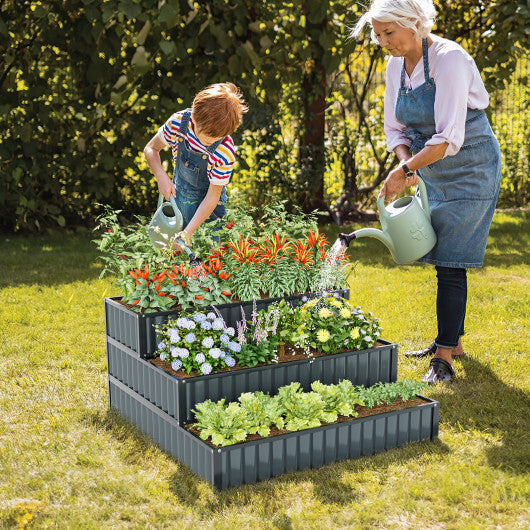 Costway Heavy-Duty Metal Outdoor 3-Tier Raised Garden Bed Planter Box-Black