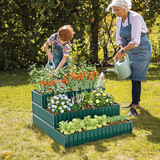 Costway Heavy-Duty Metal Outdoor 3-Tier Raised Garden Bed Planter Box-Green