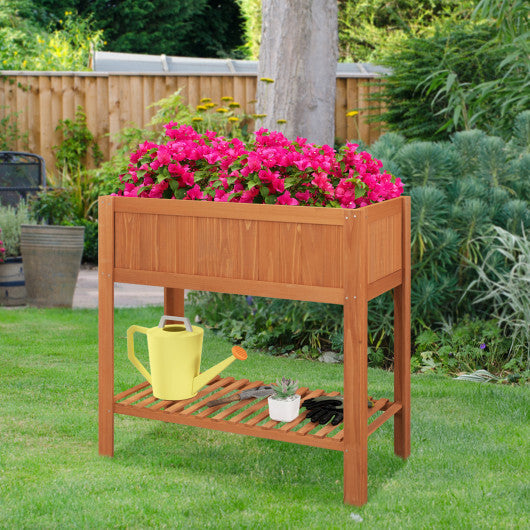 Costway Outdoor Raised Garden Bed Fir Wood Planter Box with Bottom Storage Shelf and Protective Liner-Brown