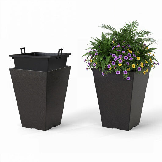 Costway Set of 2 Square Taper Planter with Optional Drainage Hole and Removable Inner Bucket-Black