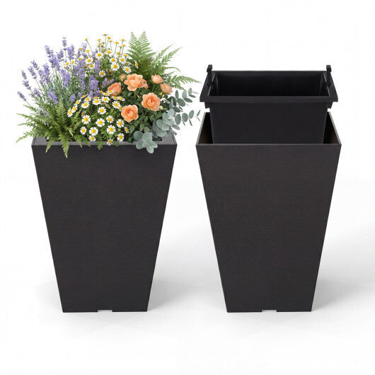Costway Set of 2 Square Taper Planter with Optional Drainage Hole and Removable Inner Bucket-Black