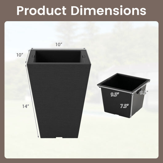 Costway Set of 2 Square Taper Planter with Optional Drainage Hole and Removable Inner Bucket-Black