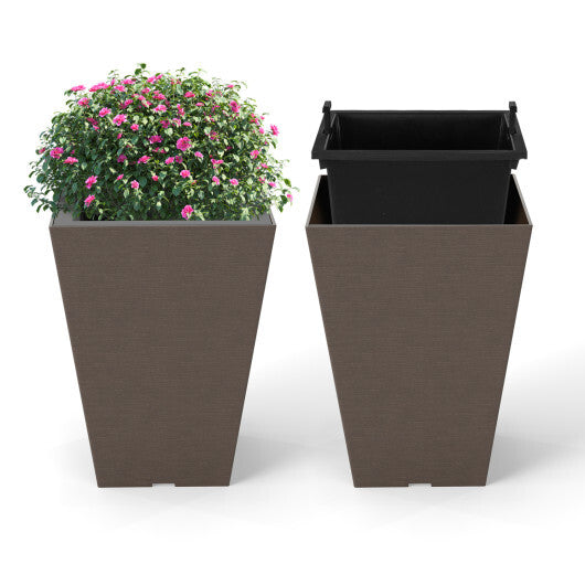 Costway Set of 2 Square Taper Planter with Removable Inner Bucket and Optional Drainage Hole-S