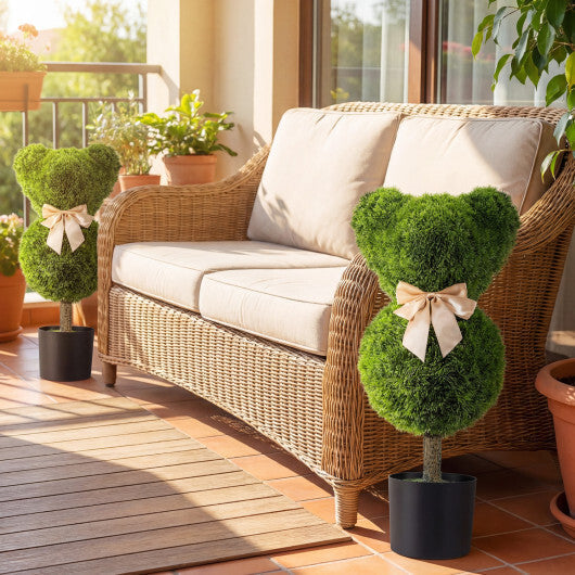 Costway 2 Pieces Bear Topiary Trees with Pots Sun-resistant Bear-Shaped Boxwood Faux Plants