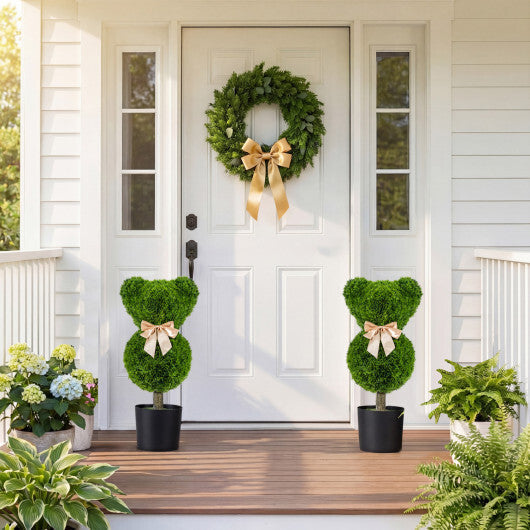 Costway 2 Pieces Bear Topiary Trees with Pots Sun-resistant Bear-Shaped Boxwood Faux Plants