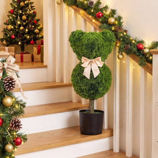 Costway 2 Pieces Bear Topiary Trees with Pots Sun-resistant Bear-Shaped Boxwood Faux Plants