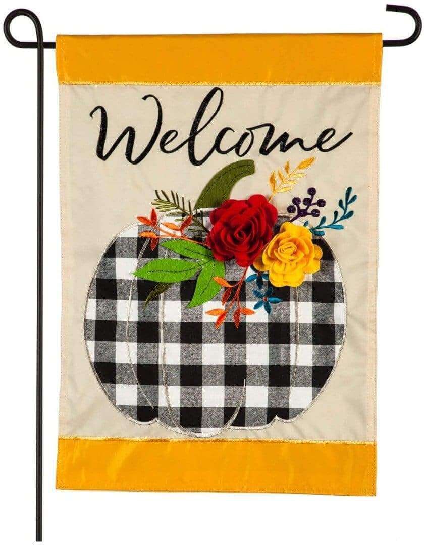 Welcome Floral Plaid Pumpkin Garden Flag 2 Sided Applique