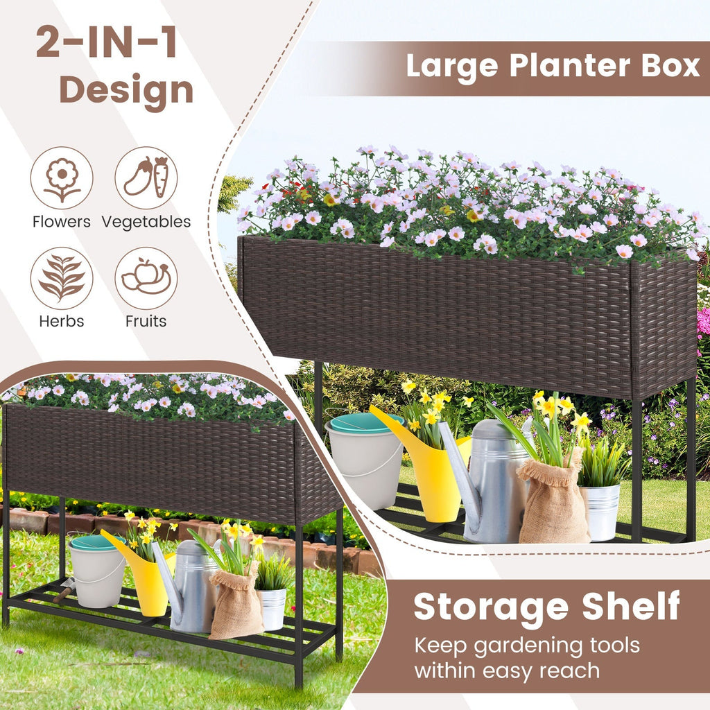 Wicker Raised Garden Bed with Storage Shelf and Drainage Gaps for Flowers