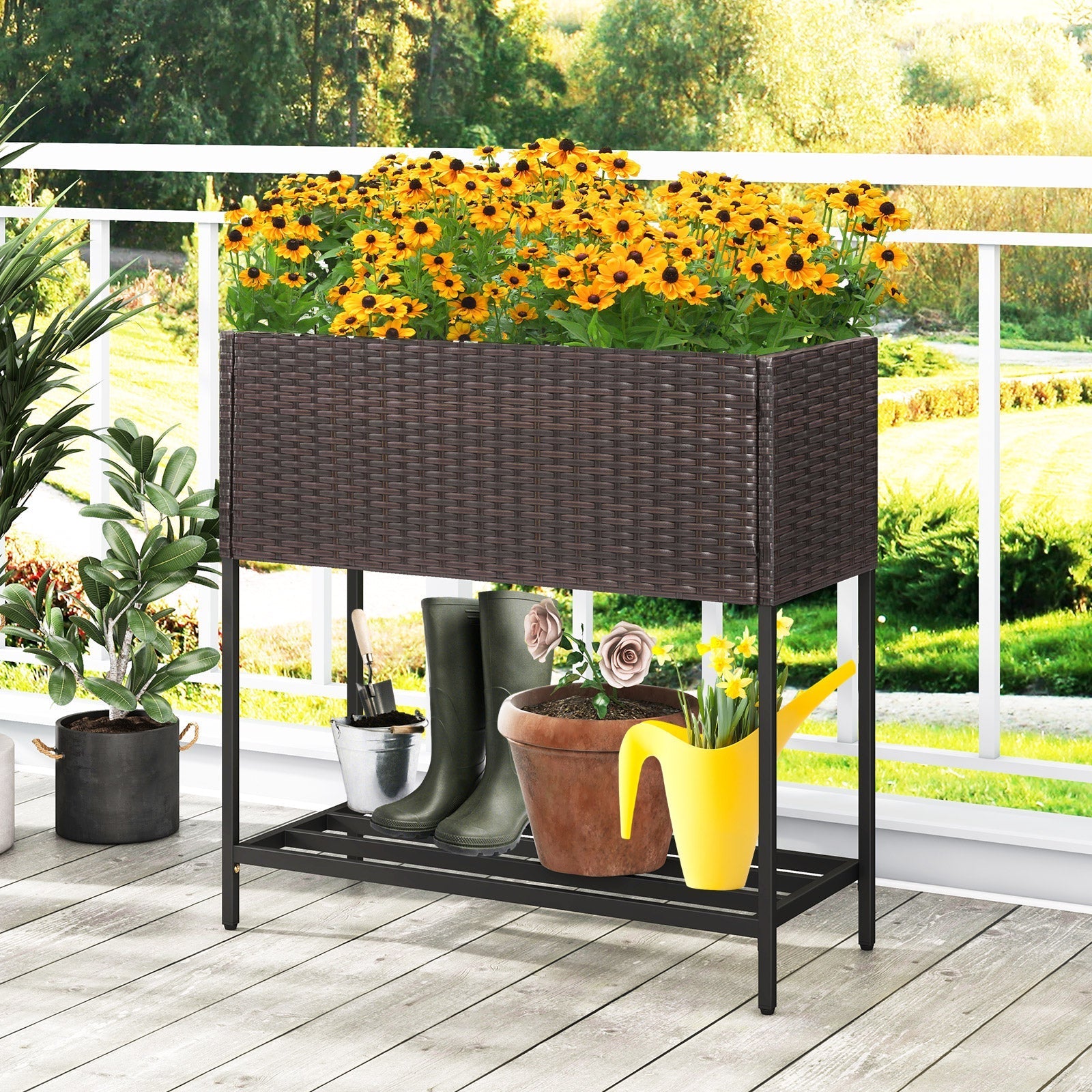 Wicker Raised Garden Bed with Storage Shelf and Removable Liner for Flowers