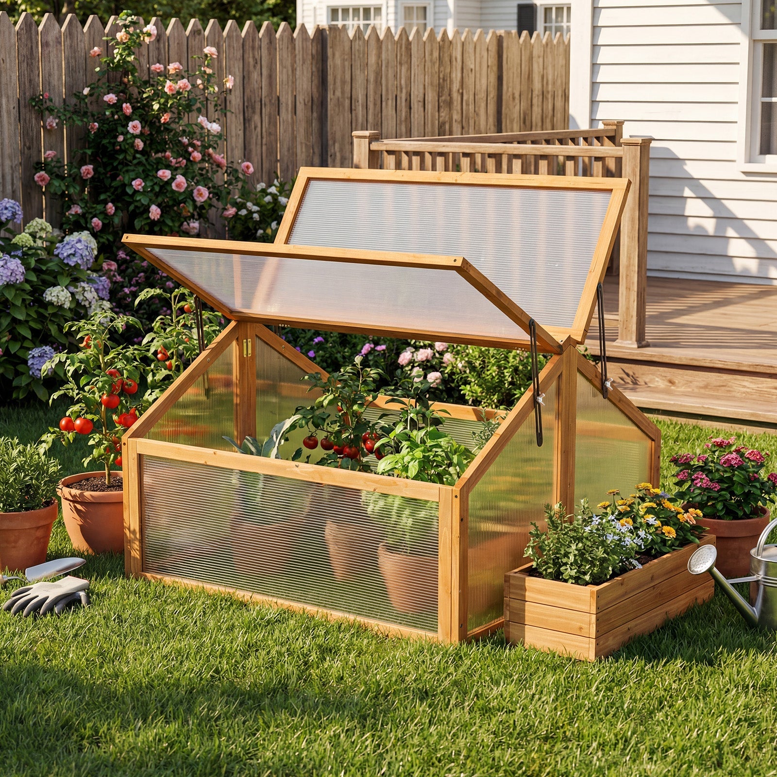 Wood Cold Frame Greenhouse Raised Flower Planter Protection with Transparent Openable Roof-Orange