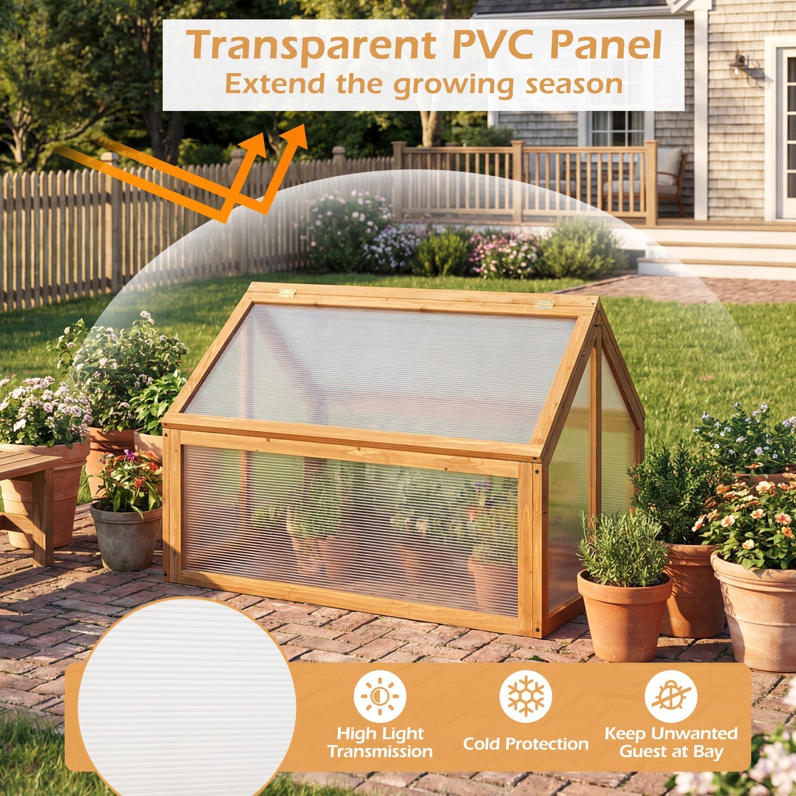 Wood Cold Frame Greenhouse Raised Flower Planter Protection with Transparent Openable Roof-Orange