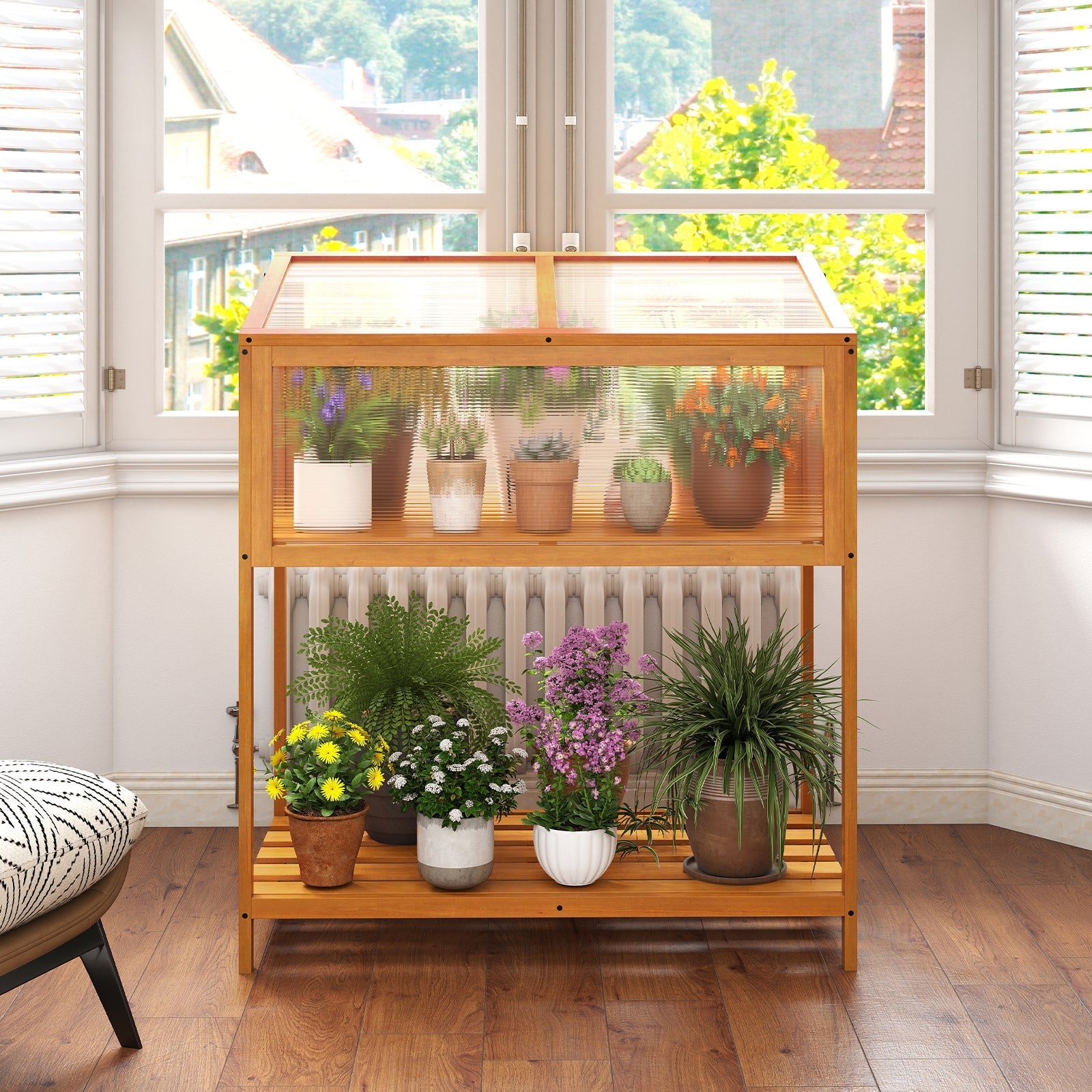 Wood Cold Frame Greenhouse with Transparent Openable Roof and Slatted Storage Shelf-Orange