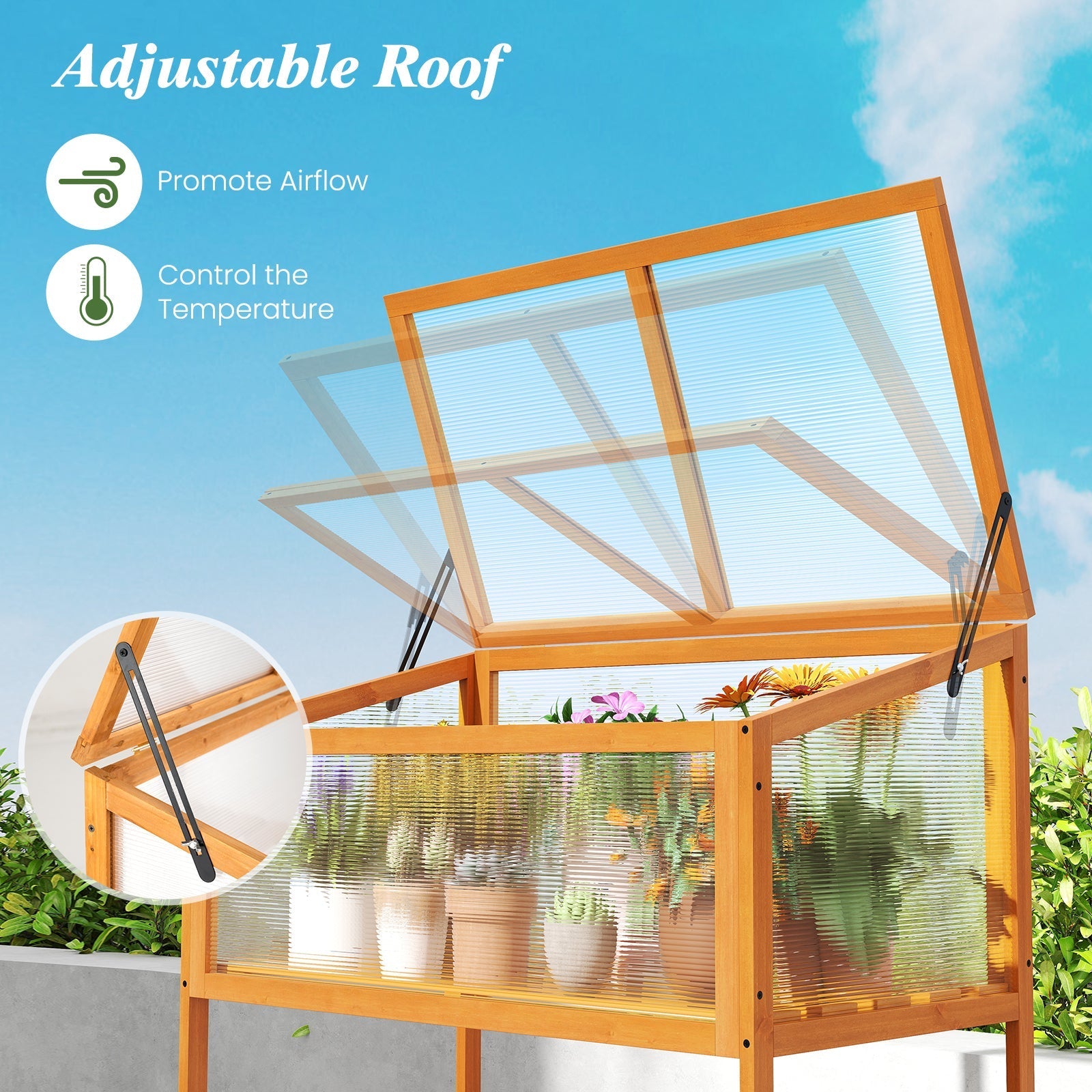 Wood Cold Frame Greenhouse with Transparent Openable Roof and Slatted Storage Shelf-Orange