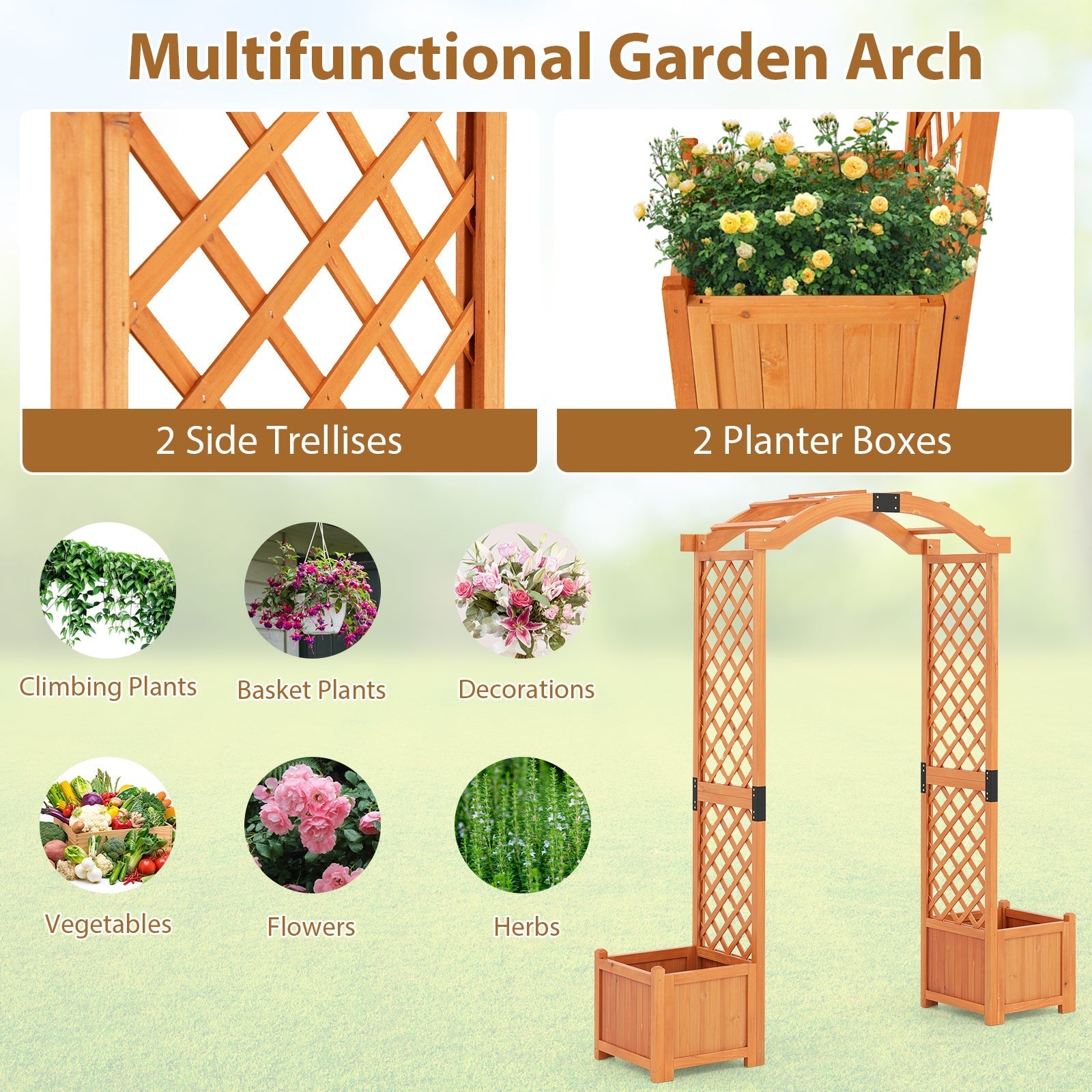 Wooden Garden Arbor with Planter and Trellis for Climbing Plants Decorations