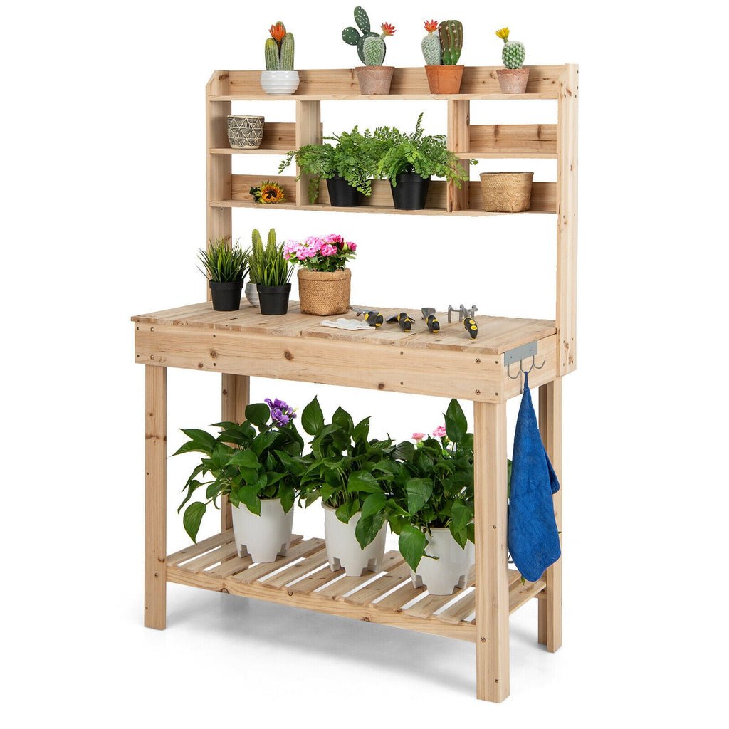Large Garden Potting Bench Work Station Table with Display Rack and Hidden Sink-Natural