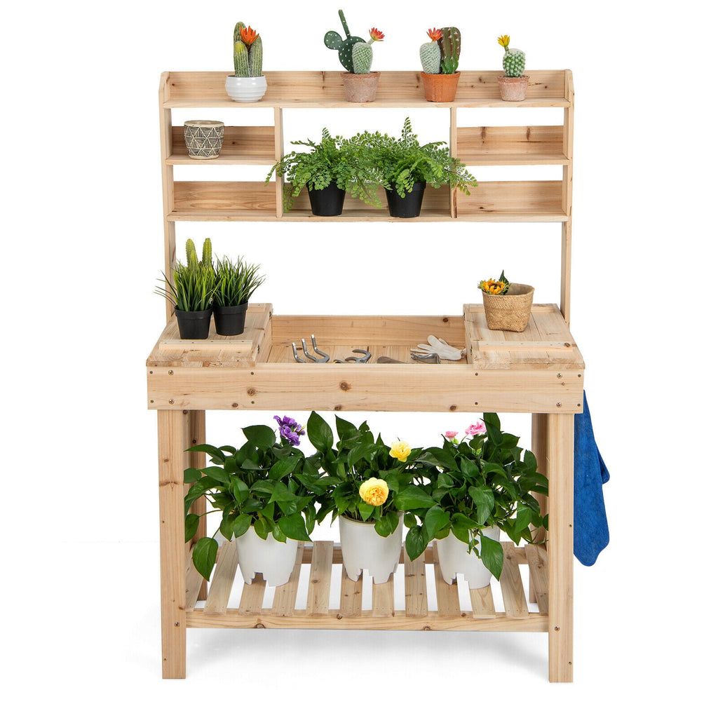 Large Garden Potting Bench Work Station Table with Display Rack and Hidden Sink-Natural