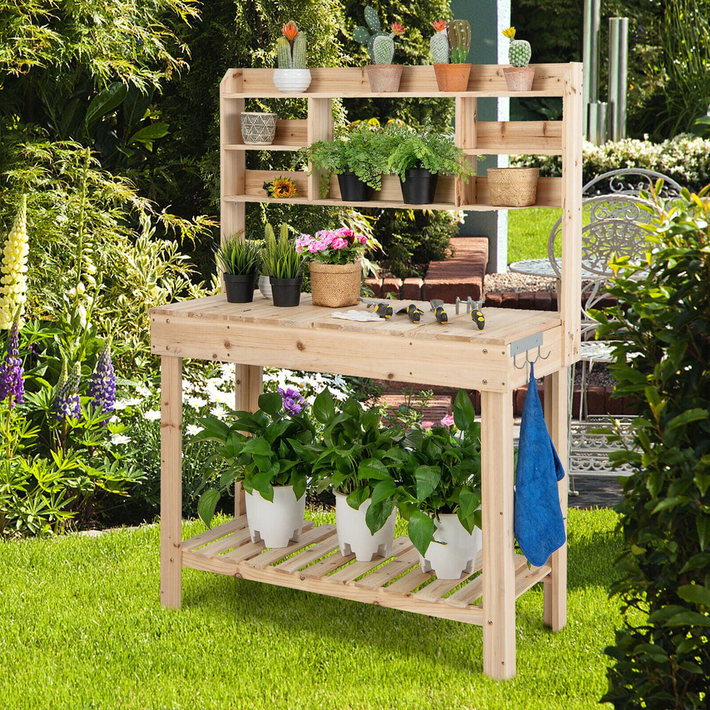 Large Garden Potting Bench Work Station Table with Display Rack and Hidden Sink-Natural