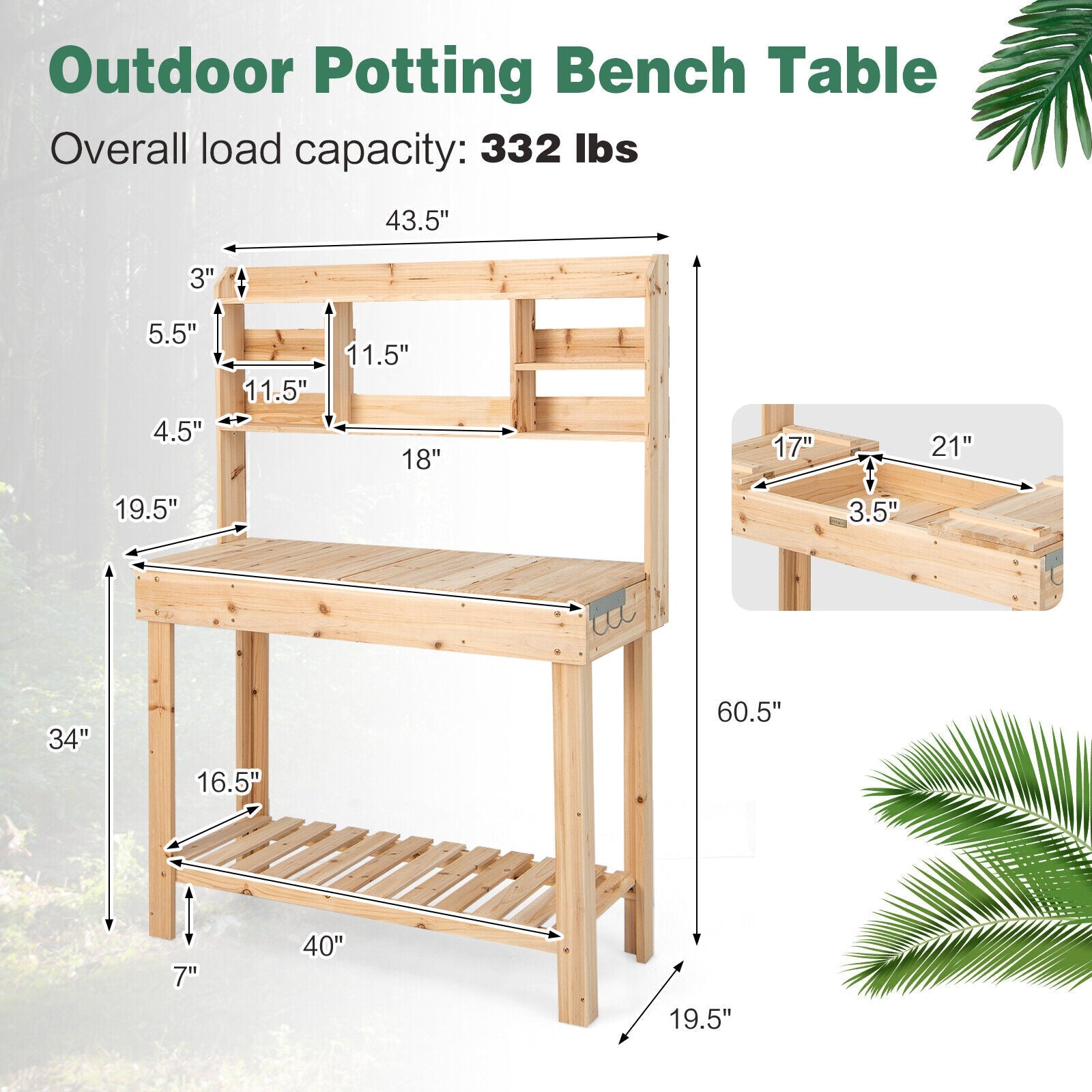 Large Garden Potting Bench Work Station Table with Display Rack and Hidden Sink-Natural