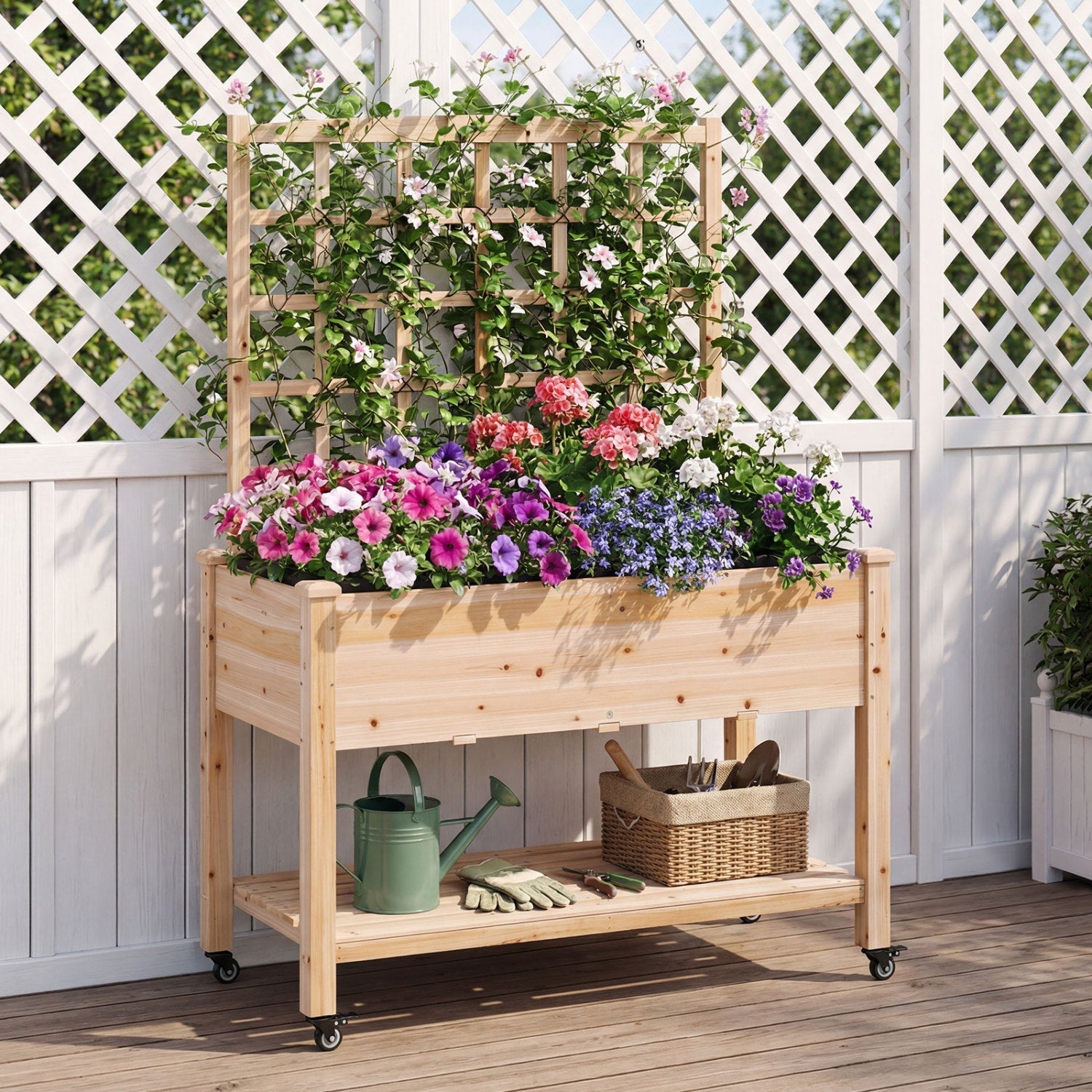 Wooden Mobile Raised Garden Bed on Wheels with Trellis
