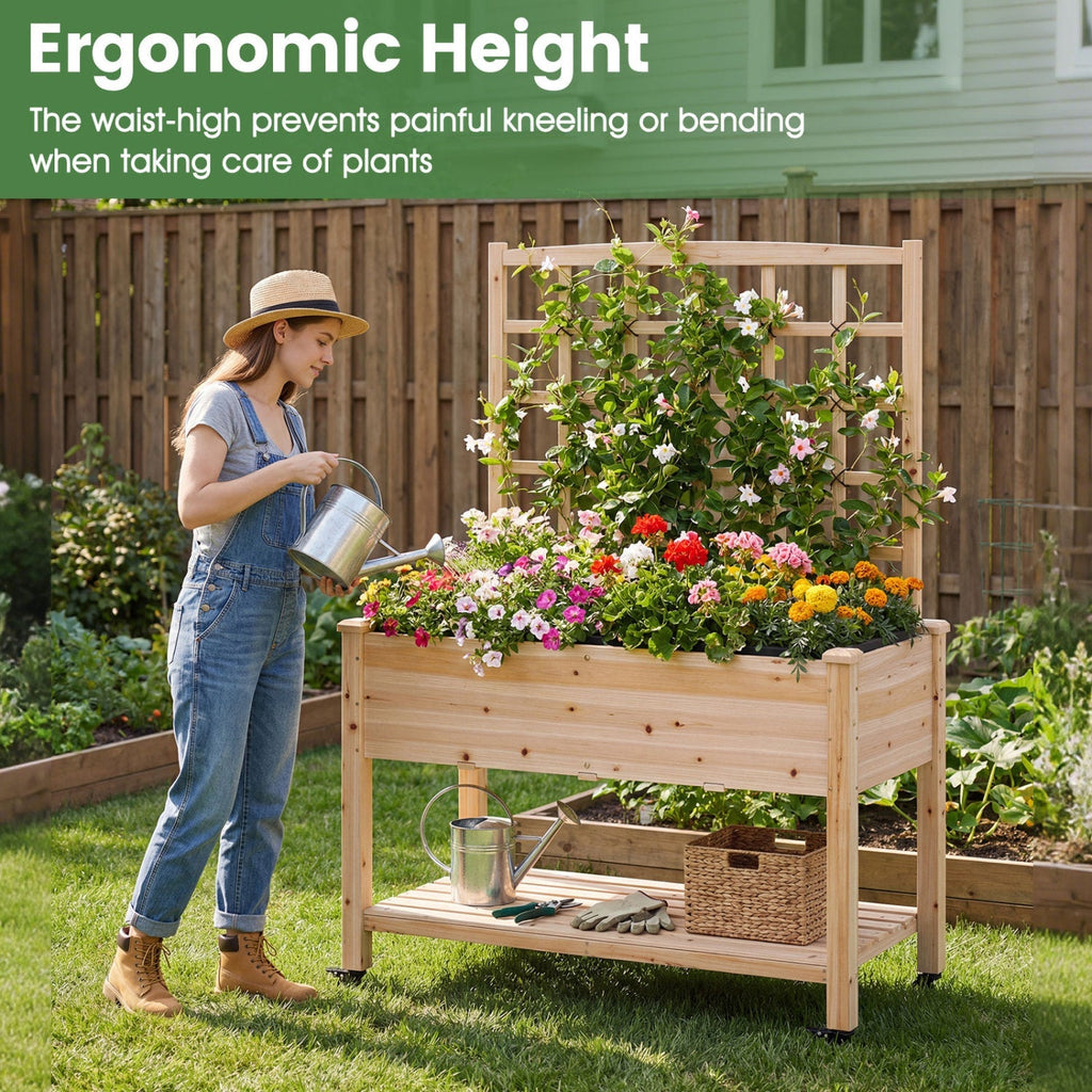 Wooden Mobile Raised Garden Bed on Wheels with Trellis