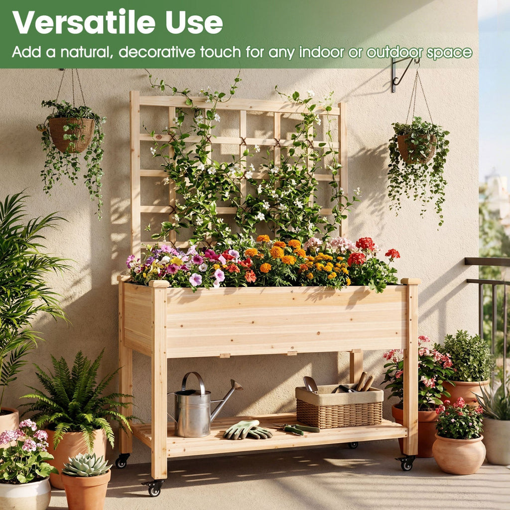 Wooden Mobile Raised Garden Bed on Wheels with Trellis